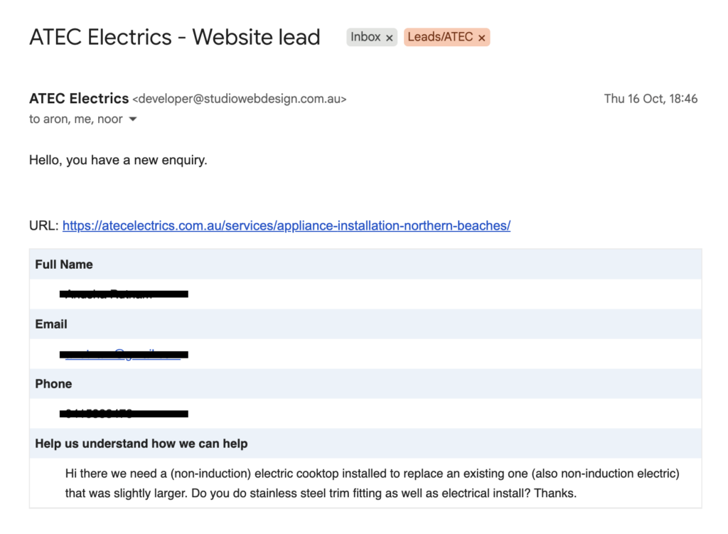 Example lead generated from local SEO and digital marketing