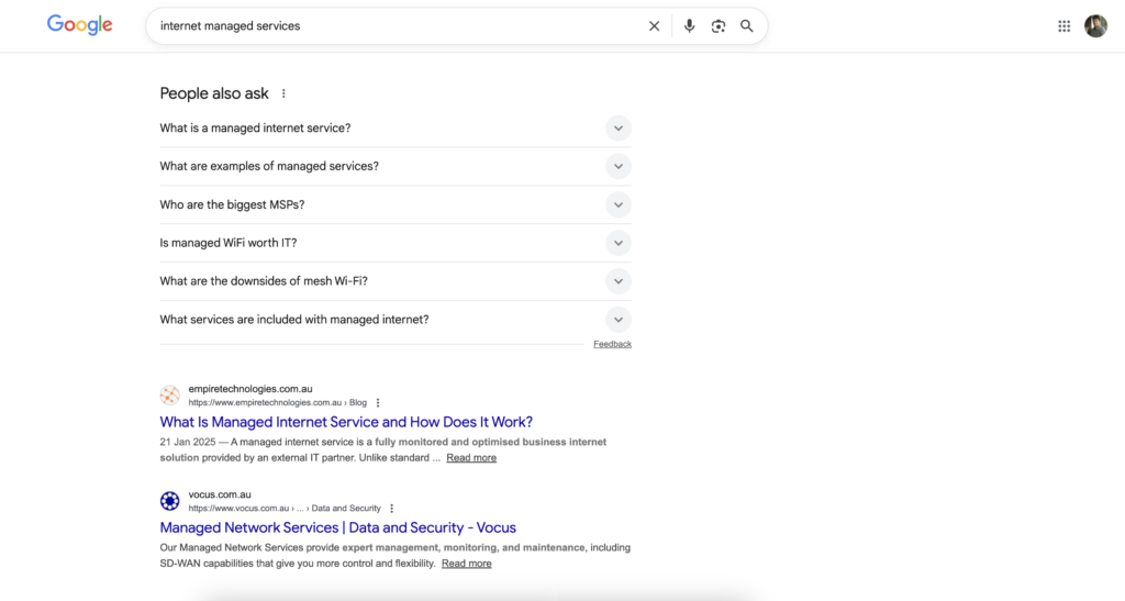 Search terms show Empire Technologies’ website as #1, but due to Sponsored Results and PAA appearing first, it’s much lower down the page.