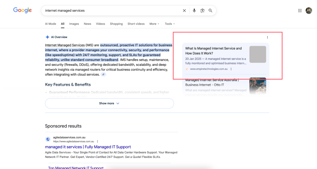 AI Overview now appears above sponsored results, but ranking informational content can still position your brand above the fold in Google or Bing search results.