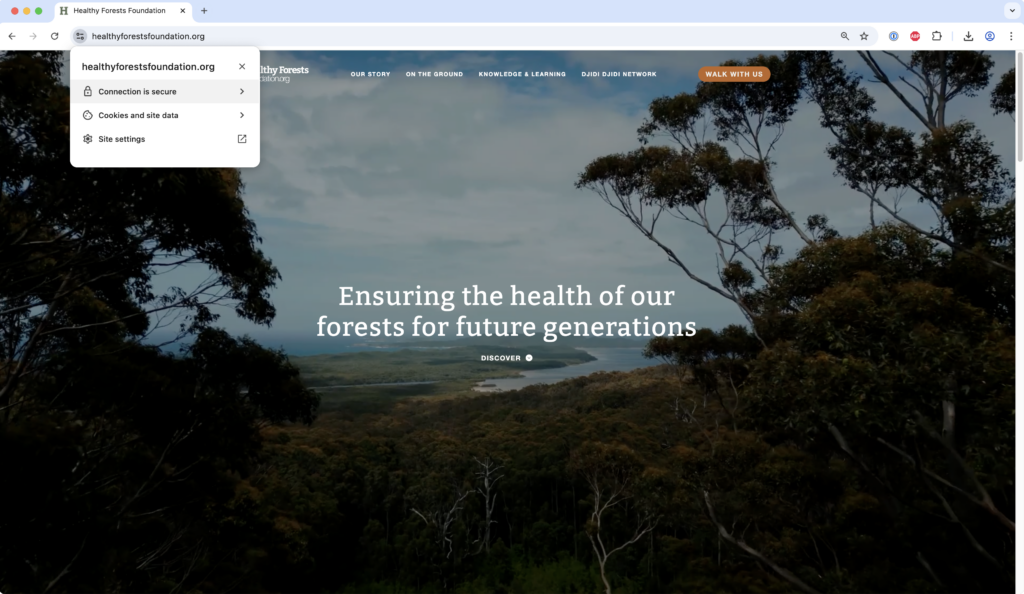 Website for Healthy Forests Foundation, demonstrating a secure, Google compliant experience for Google Ad Grants.