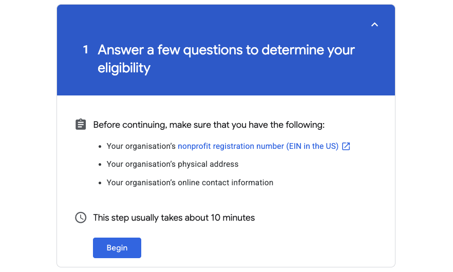 Submit your organisation details and follow the verification prompts for access to Google Ad Grants